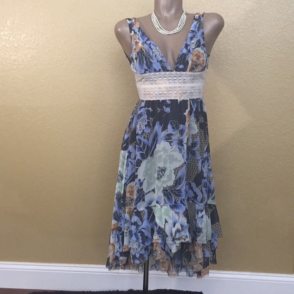 Free People Floral High Low Blue Dress 🌸 Sz 0